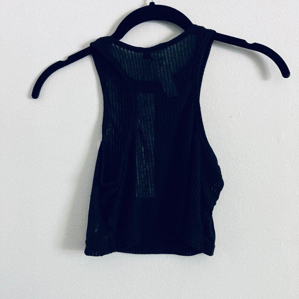 Black Cropped Sheer Ribbed Racer Back Tank Top - Picture 6 of 6